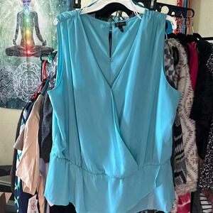 Jessica Simpson Teal Peplum Blouse Wrap style with snap and button at neck
